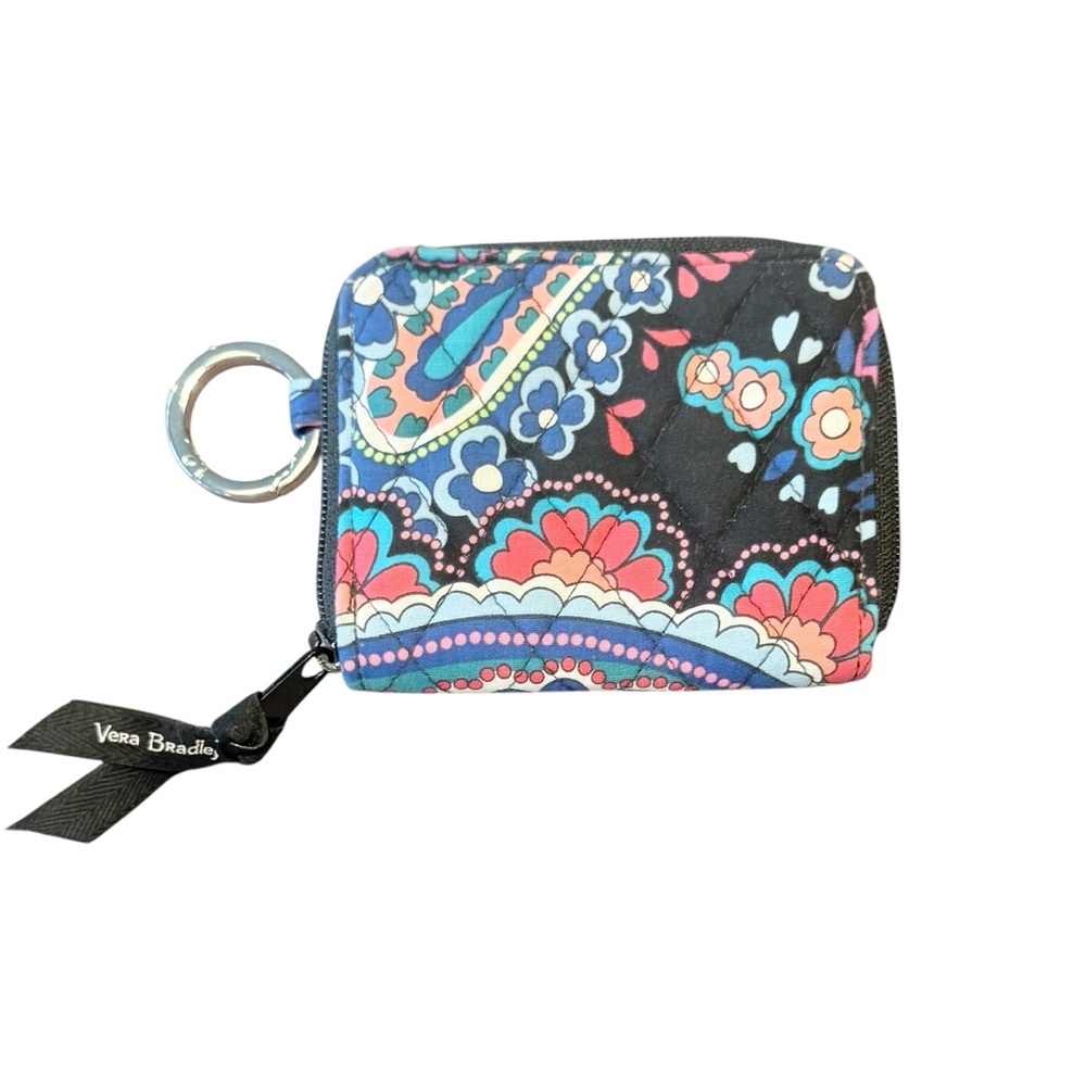 Vera Bradley Black Floral Quilted Key & Card Holder with Pink Blue Accents
